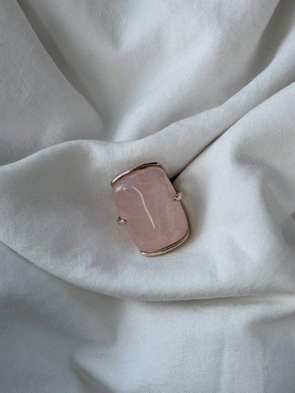 Big Rectangle Ring - Silver Plated - Rose Quartz - Ring Size 4.5